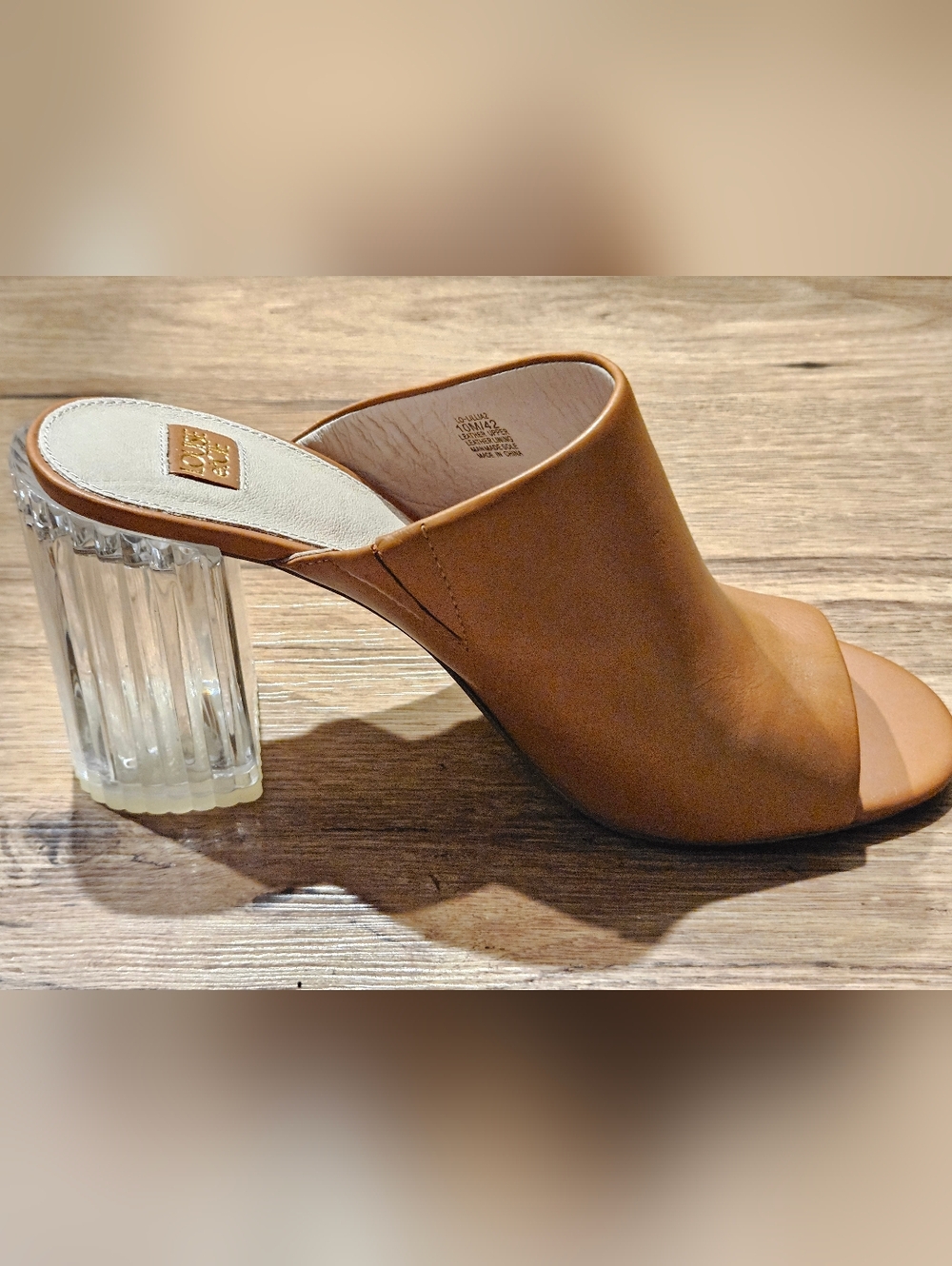 Louise et Cie Tan Leather Mule with Clear Block Heel Sz 10M